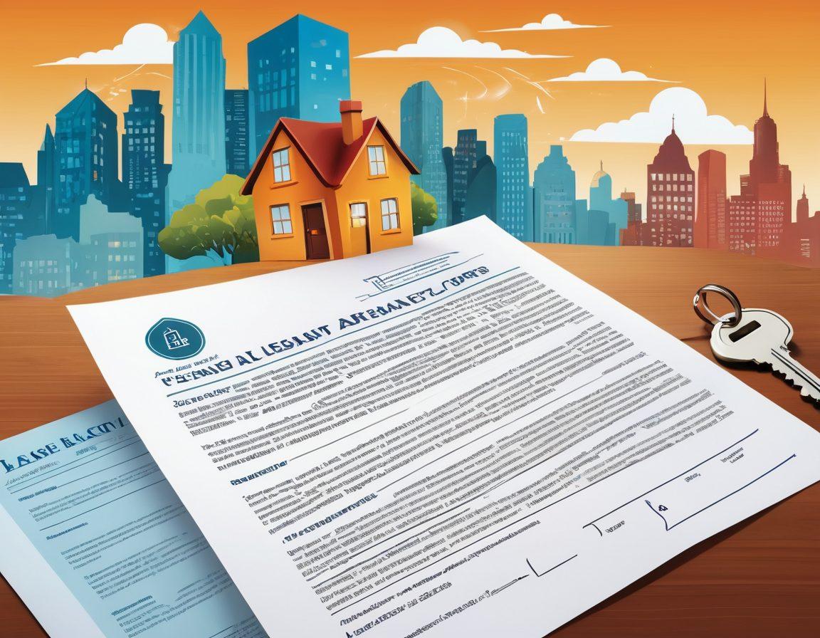 A detailed illustration of a lease agreement document prominently displayed, surrounded by symbols representing tenant rights like a shield, a key, and a house. In the background, a landlord and tenant are engaged in a friendly discussion, with a city skyline to depict property management. The overall tone is informative and reassuring. vibrant colors. vector art.